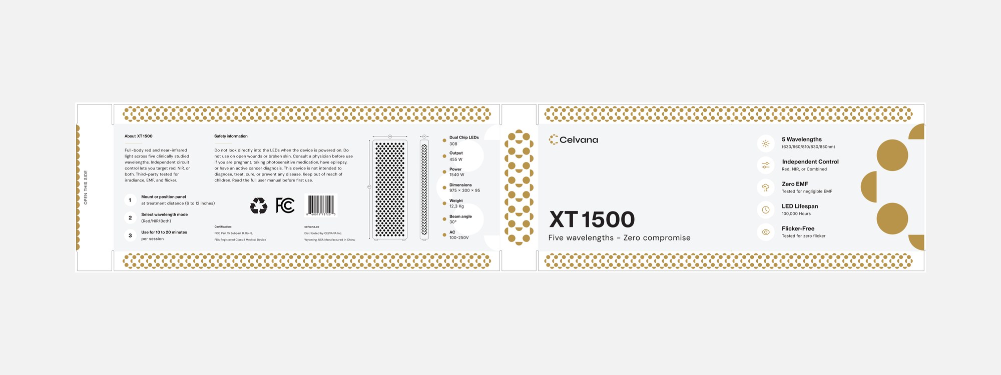XT1500 sleeve artwork laid flat: back with specs and safety information, front with the product name and features