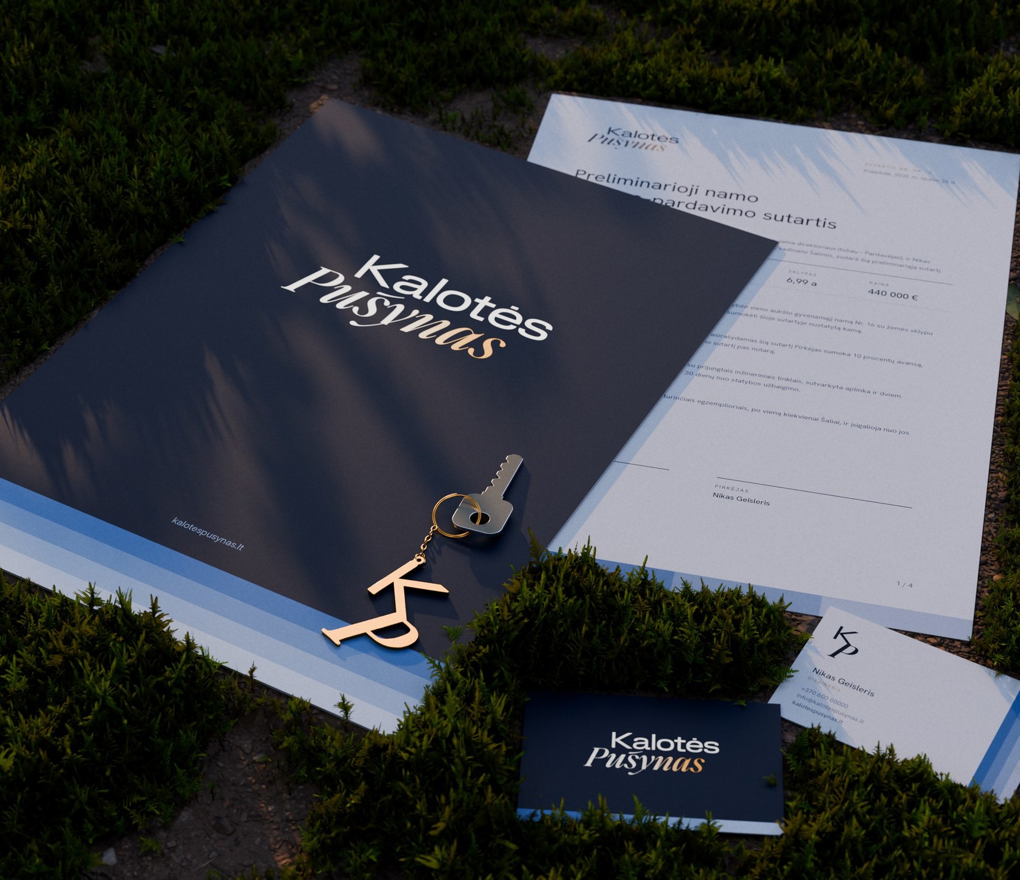 Deep blue folder with the wordmark in silver and gold foil, the contract, business cards and a gold KP keychain on a mossy forest floor