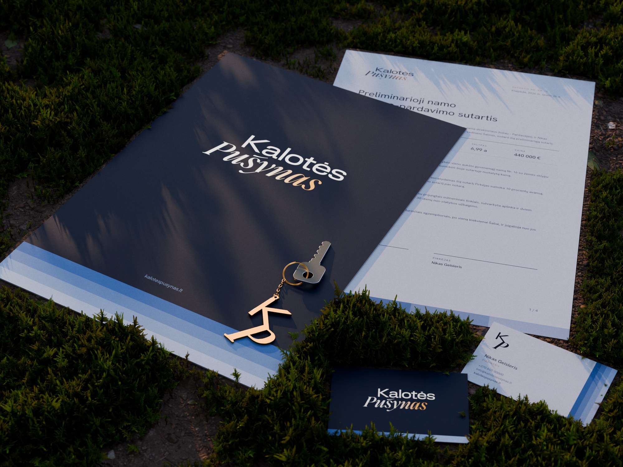 Deep blue folder with the wordmark in silver and gold foil, a contract, business cards and a gold KP keychain on a mossy forest floor