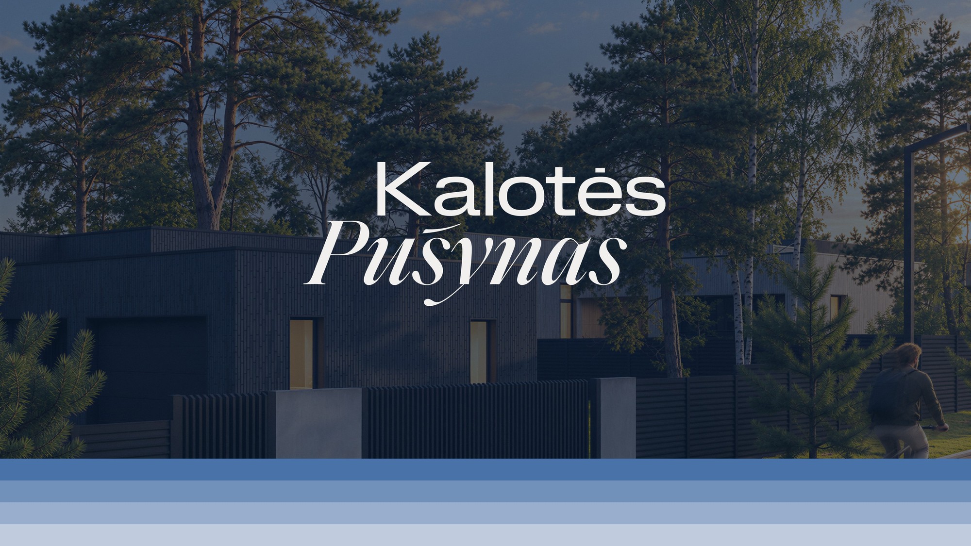 Kalotės Pušynas wordmark in cream over the quarter’s street at sunset, four blue steps below
