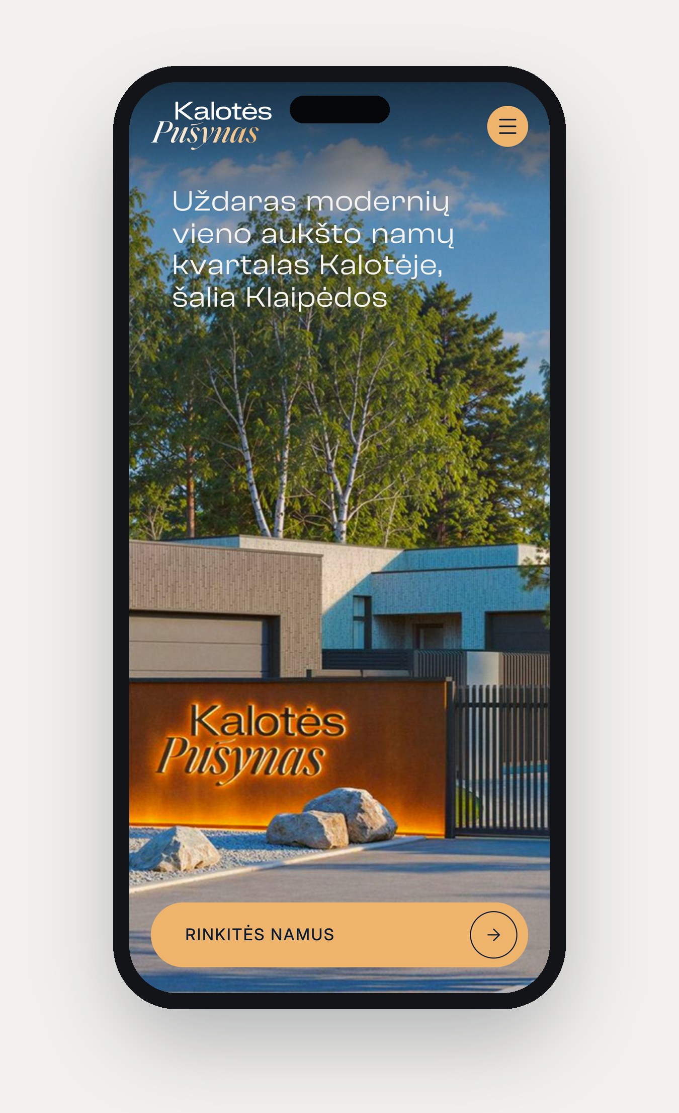 Phone: the home screen with the entrance render and the gold button