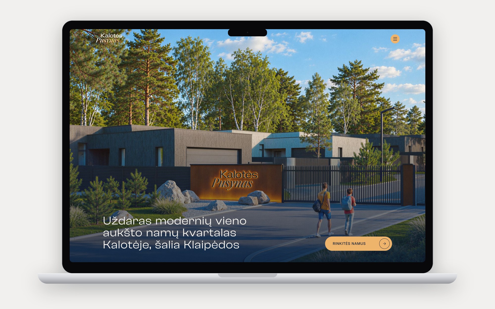 kalotespusynas.lt home page on a laptop: the entrance render, the headline and the gold call to action