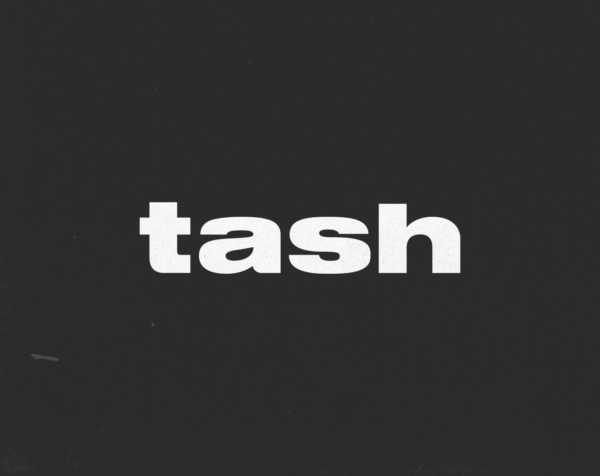 tash wordmark in white on charcoal
